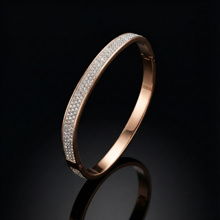 Rose Gold Tone Pave Crystal Bangle – Minimalist Cubic Zirconia Bar Hinged Cuff Bracelet – Elegant Stackable Wedding Jewelry for Women - Image 2