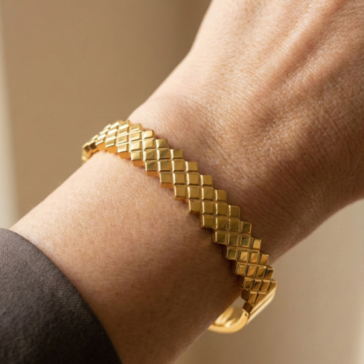 Gold Tone Geometric Pyramid Bangle – Textured Square Pattern Hinged Cuff Bracelet – Modern Architectural Statement Jewelry for Women