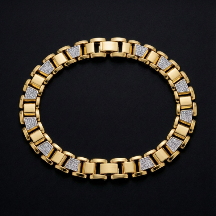 Men’s Gold Tone Geometric Link Bracelet – Iced Out Crystal Pave Watch Band Style Chain – Bold Hip Hop Statement Jewelry Gift for Him - Image 2