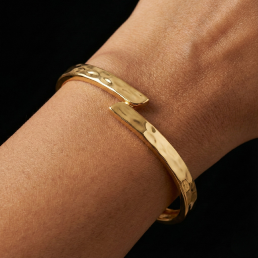 Gold Tone Hammered Bypass Bangle for Women – Minimalist Sculptural Cuff Bracelet – Modern Hinged Crossover Jewelry Gift