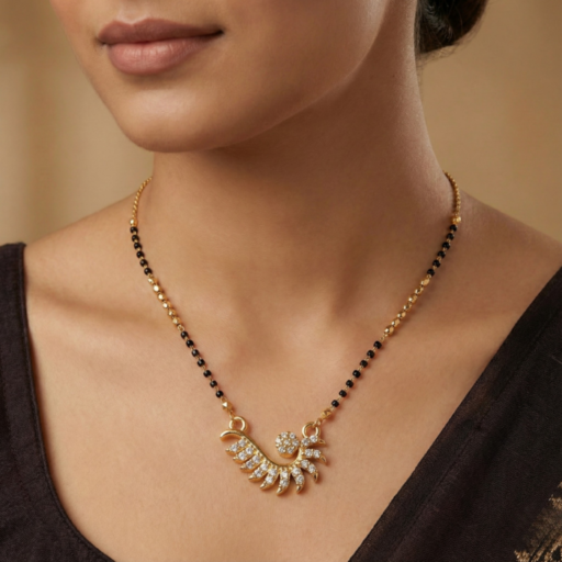 Gold Tone Short Mangalsutra Necklace – Round Crystal Wheel Pendant with Black Beads & Gold Station Chain – Modern Minimalist Daily Wear Jewelry