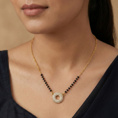 Gold Tone Short Mangalsutra Necklace – Minimalist Pave Crystal Open Circle Pendant – Karma Eternity Daily Wear Jewelry for Women