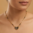 old Tone Short Mangalsutra Necklace – Black Crystal Pave Heart Pendant with Fancy Tube & Bead Chain – Modern Romantic Jewelry Gift for Her