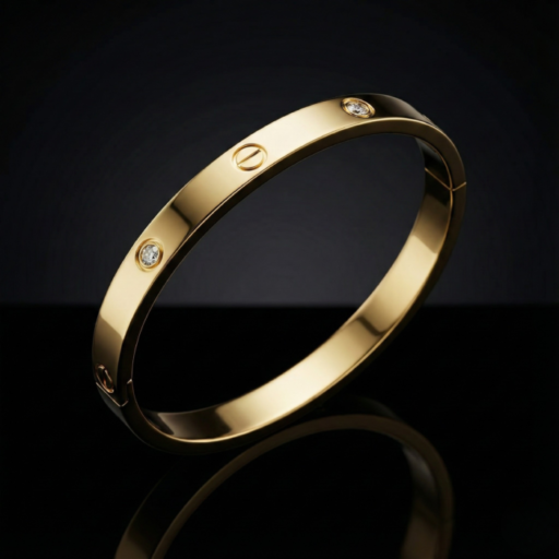Gold Screw Detail Bangle with Zirconia Accents – High-Polish Luxury Hinged Bracelet – Iconic Minimalist Jewelry