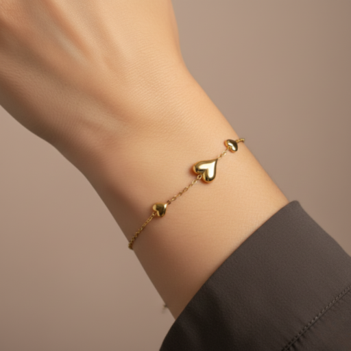 Gold Heart & Crystal Beaded Bracelet – Adjustable Snake Chain