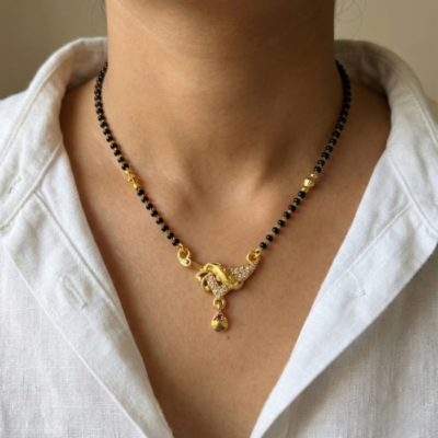 Premium Gold Plated Mangalsutra for Women | Diamond Look CZ Pendant with Short Black Bead Chain | Modern Daily Wear Office Jewelry
