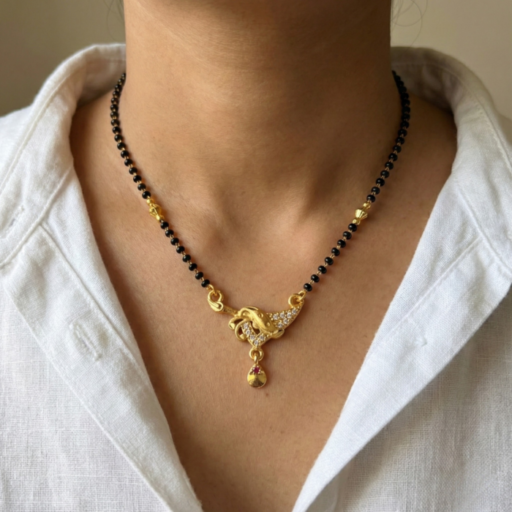 Premium Gold Plated Mangalsutra for Women | Diamond Look CZ Pendant with Short Black Bead Chain | Modern Daily Wear Office Jewelry