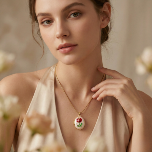 Vintage Floral Oval Locket Pendant Necklace in Gold Tone | Elegant Enamel Rose Design | Classic Keepsake Jewelry for Women
