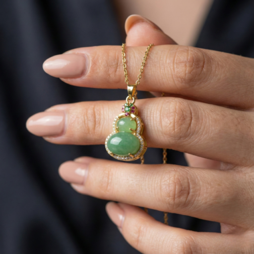 Elegant Green Stone Pendant Necklace in Gold Tone | Minimalist Double-Gourd Design with Crystal Accents | Luxury Statement Jewelry for Women