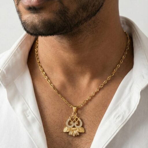 Gold Tone Om Pendant Necklace for Men with CZ Stones | Round Spiritual Locket with Crystal Crescent & Rope Chain | Religious Gift