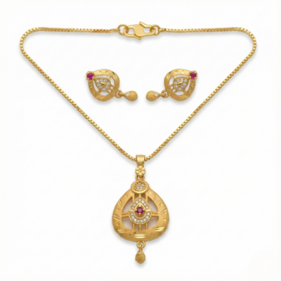 Traditional Gold-Tone Teardrop Pendant & Earrings Combo Set with Red Stone | Crystal-Studded Designer Jewelry Set for Women