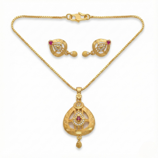 Traditional Gold-Tone Teardrop Pendant & Earrings Combo Set with Red Stone | Crystal-Studded Designer Jewelry Set for Women