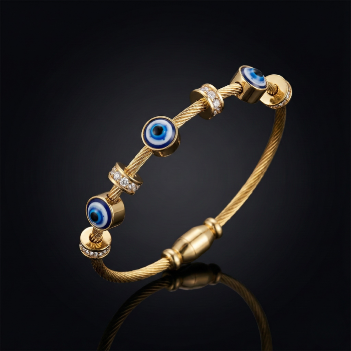 Gold Tone Twisted Cable Wire Bangle – Blue Evil Eye Protection Bracelet with Crystal Pave Spacers – Lucky Nazar Talisman Jewelry Gift for Women
