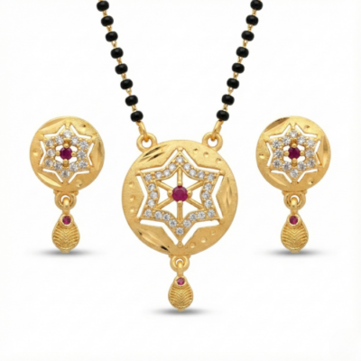 Gold Mangalsutra Pendant Set with Ruby & CZ Stones | Traditional Star Motif Mangalsutra with Matching Earrings