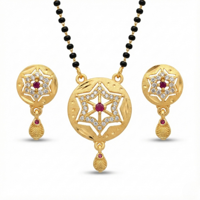 Gold Mangalsutra Pendant Set with Ruby & CZ Stones | Traditional Star Motif Mangalsutra with Matching Earrings