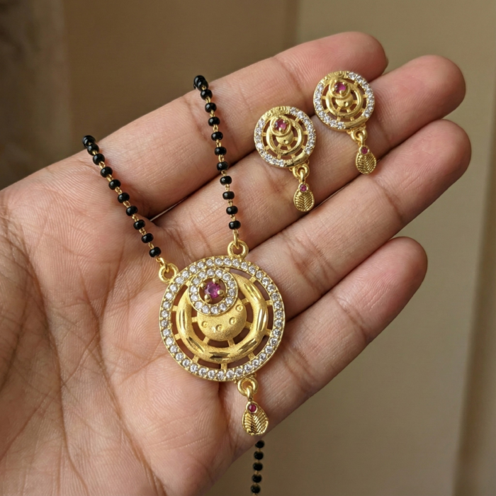 Classic Gold Mangalsutra Set with Circular Ruby Pendant & Diamond Accents | Traditional Design with Matching Earrings - Image 2