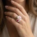 Floral Enamel Gold-Tone Statement Ring with Crystal Center | Pink & White Flower Design | Elegant Designer Ring for Women