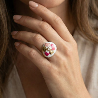 Floral Enamel Gold-Tone Statement Ring with Crystal Center | Pink & White Flower Design | Elegant Designer Ring for Women