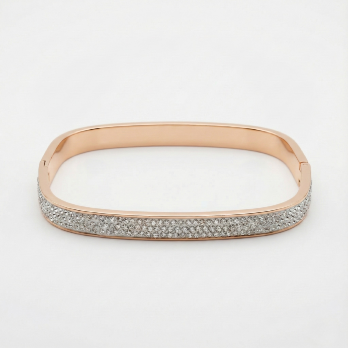 Rose Gold Tone Pave Crystal Bangle – Minimalist Cubic Zirconia Bar Hinged Cuff Bracelet – Elegant Stackable Wedding Jewelry for Women - Image 3