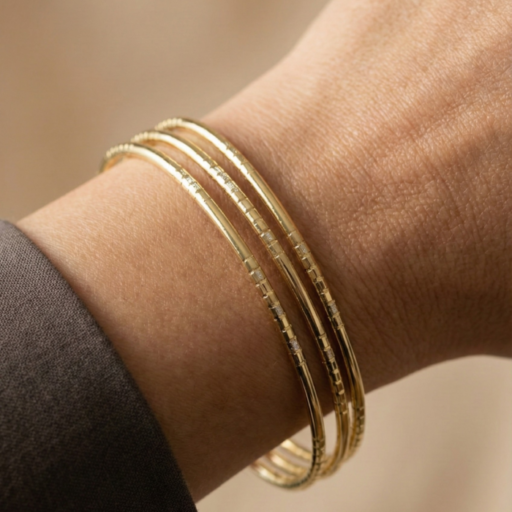 Gold Tone Textured Bangle Set of 3 – Minimalist Etched Slip-On Stackable Bracelets – Everyday Fashion Jewelry Gift for Women