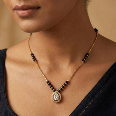 Gold Tone Short Mangalsutra Necklace – Solitaire Style Pear Cut Crystal Teardrop Pendant with Halo – Modern Diamond Look Daily Wear Jewelry