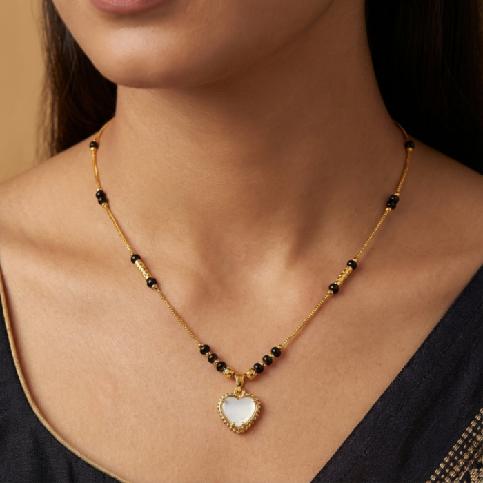 Gold Tone Short Mangalsutra Necklace – White Heart Pendant with Mother of Pearl Look & Black Beads Chain – Romantic Daily Wear Jewelry for Women