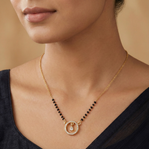 Gold Tone Short Mangalsutra Necklace – Crystal Pave Circle Pendant with Dangling Teardrop Solitaire Charm – Modern Diamond Look Daily Wear Jewelry