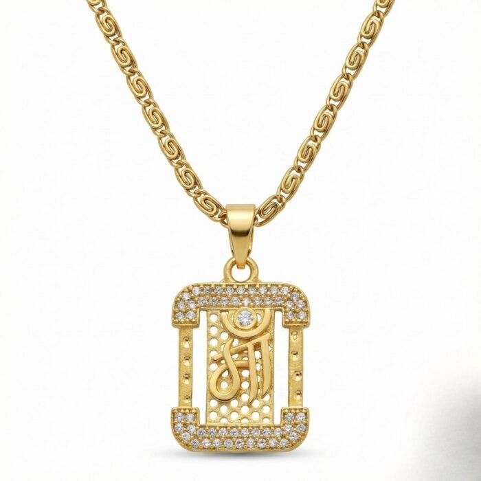 Premium Gold Plated Om Pendant Necklace for Men | Cubic Zirconia (CZ) Studded Rectangular Aum Locket with Twisted Chain | Religious & Spiritual Jewelry Gift for Him - Image 2