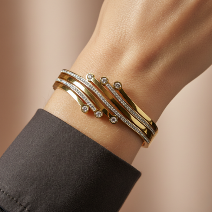 Gold Tone Crystal Wave Bangle – Multi-Row Pave Cubic Zirconia Hinged Cuff Bracelet – Elegant Statement Jewelry for Parties & Weddings