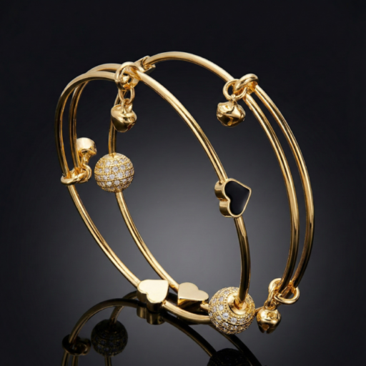 Gold Tone Expandable Wire Charm Bangle Set – Black Enamel Hearts & Crystal Pave Spheres – Romantic Stackable Love Jewelry Gift for Her