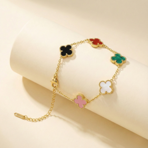 Vintage 5-Motif Clover Bracelet Collection | 18K Gold Plated | Black, White & Multi-Color Lucky Charms