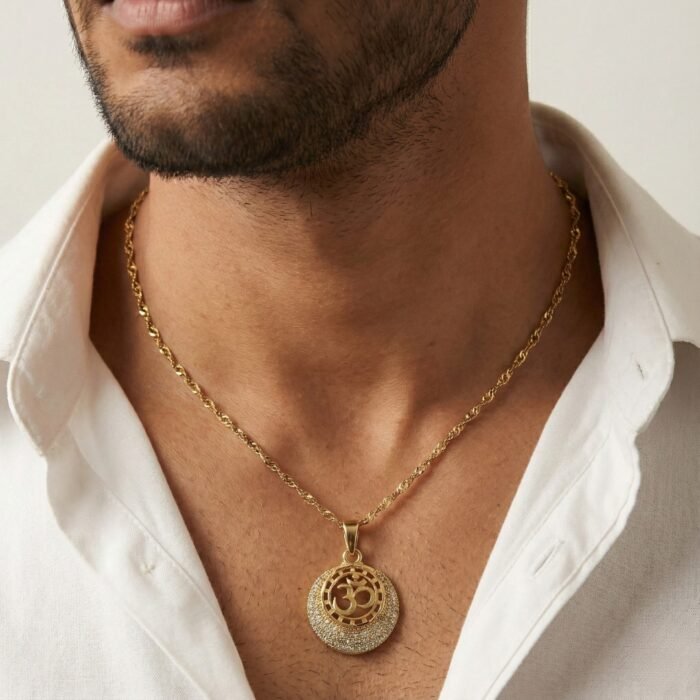 Gold Tone Om Pendant Necklace for Men with CZ Stones | Circular Om Locket with Sparkling Crescent Design & Rope Chain | Religious Spiritual Jewelry Gift for Him