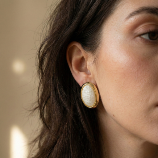 Gold Tone Oval Statement Stud Earrings – Textured White Crackle Enamel Button Earrings – Vintage Inspired Geometric Jewelry Gift for Women