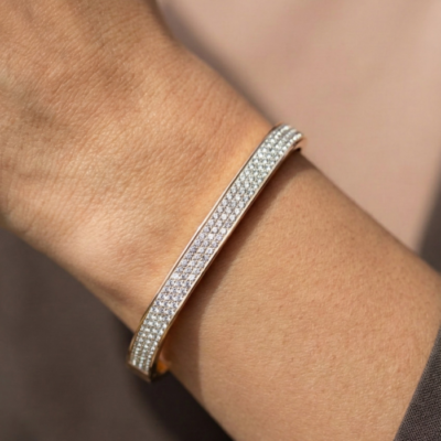 Rose Gold Tone Pave Crystal Bangle – Minimalist Cubic Zirconia Bar Hinged Cuff Bracelet – Elegant Stackable Wedding Jewelry for Women