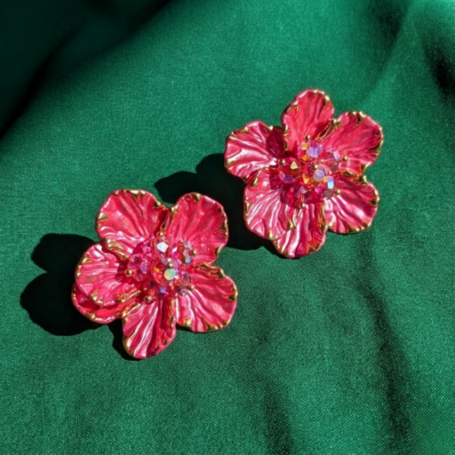 Gold Tone Pink Enamel Flower Stud Earrings – Textured Blooming Floral Statement Studs with Crystal Center – Tropical Summer Jewelry Gift for Her