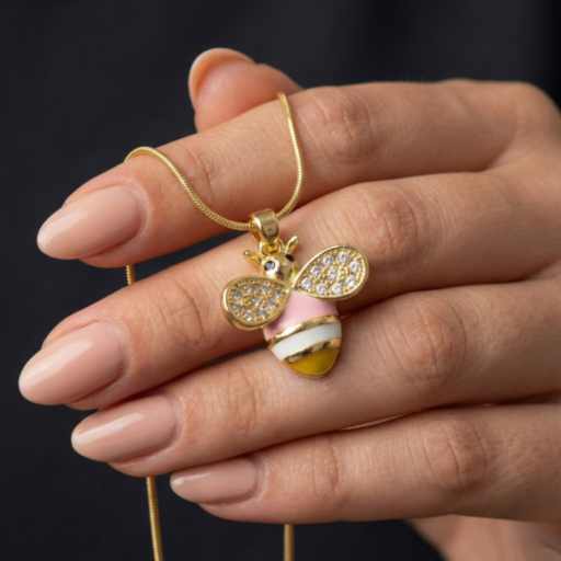 Gold Tone Bumble Bee Pendant Necklace – Crystal Wings & Pink Yellow Enamel Body on Snake Chain – Cute Nature Inspired Jewelry Gift
