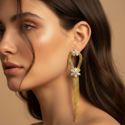 Gold Tone Long Tassel Drop Earrings – Crystal Floral Mesh Fringe Dangle Earrings – Glamorous Statement Wedding Jewelry Gift for Her