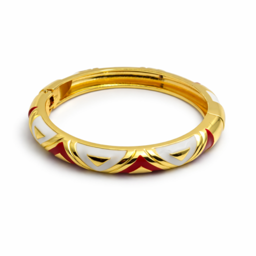Luxury Gold Enamel Bangle Bracelet with Red & Ivory Geometric Inlay | Elegant Designer Jewelry