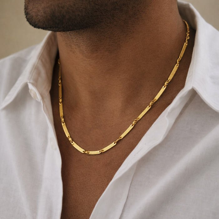 Men’s Gold Textured Bar Link Chain Necklace | Stainless Steel Fancy Link | Modern Streetwear Jewelry for Him