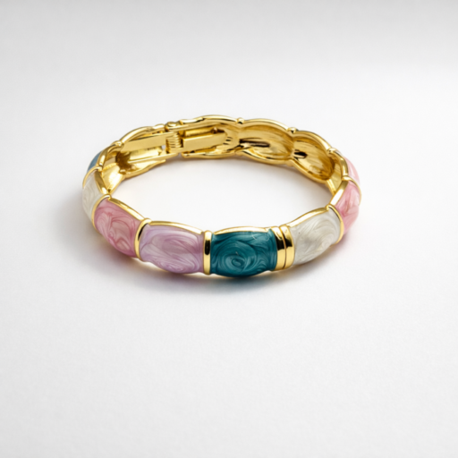 Luxury Gold Multicolor Enamel Bracelet with Teal, Pink & Ivory Marble Inlay | Designer Statement Jewelry