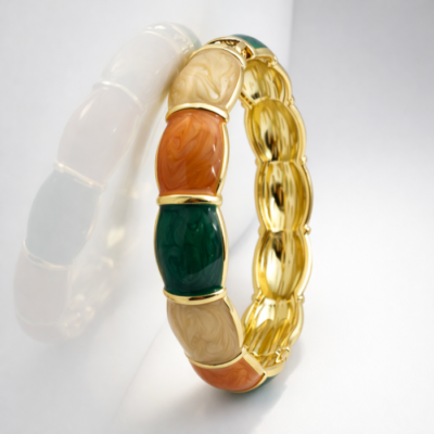 Luxury Gold Multicolor Enamel Bangle Bracelet with Green, Ivory & Amber Marble Inlay | Premium Designer Jewelry