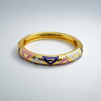 Luxury Gold Enamel Bangle Bracelet with Multicolor Geometric Inlay | Elegant Designer Jewelry