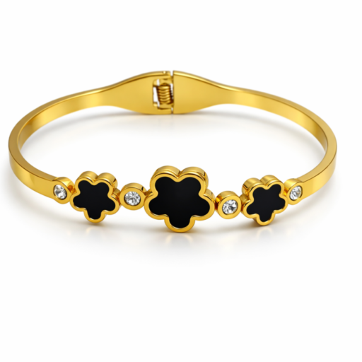 Luxury Gold Floral Bangle Bracelet with Black Enamel & Crystal Accents | Elegant Designer Jewelry