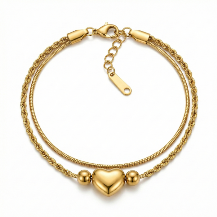 Gold Heart Charm Double Chain Bracelet | Minimal Love Jewelry for Women