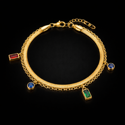 Whimsical Double-Layer Butterfly Charm Bracelet – 18K Gold Plated Two-Strand Chain with Cylindrical & Bead Accents