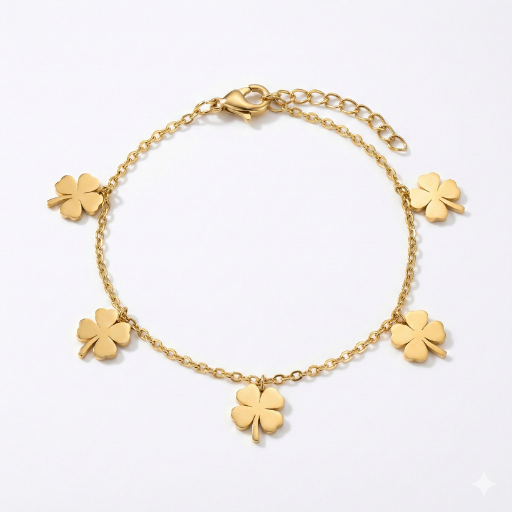 Lucky Four-Leaf Clover Charm Bracelet – 18K Gold Plated Minimalist Link Chain for Prosperity & Style