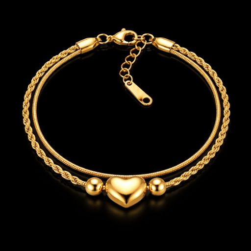 Luxury 18K Gold Plated Double-Layer Rope & Snake Chain Bracelet – 3D Puffy Heart & Bead Statement