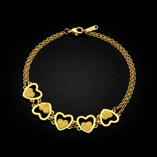 Radiant 18K Gold Plated Double-Chain Heart Bracelet – Frosted Glitter Texture & Open-Heart Design