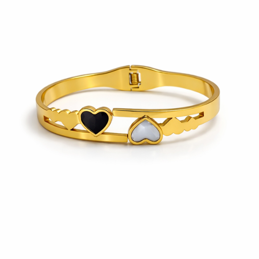 Modern Monochrome Heart Bypass Bangle – 18K Gold Plated Hinged Cuff with Black & White Enamel Accents