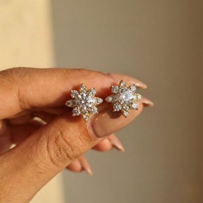 Diamond Look Floral Stud Earrings for Women – Gold Plated Crystal Flower Earrings | Elegant Party & Daily Wear